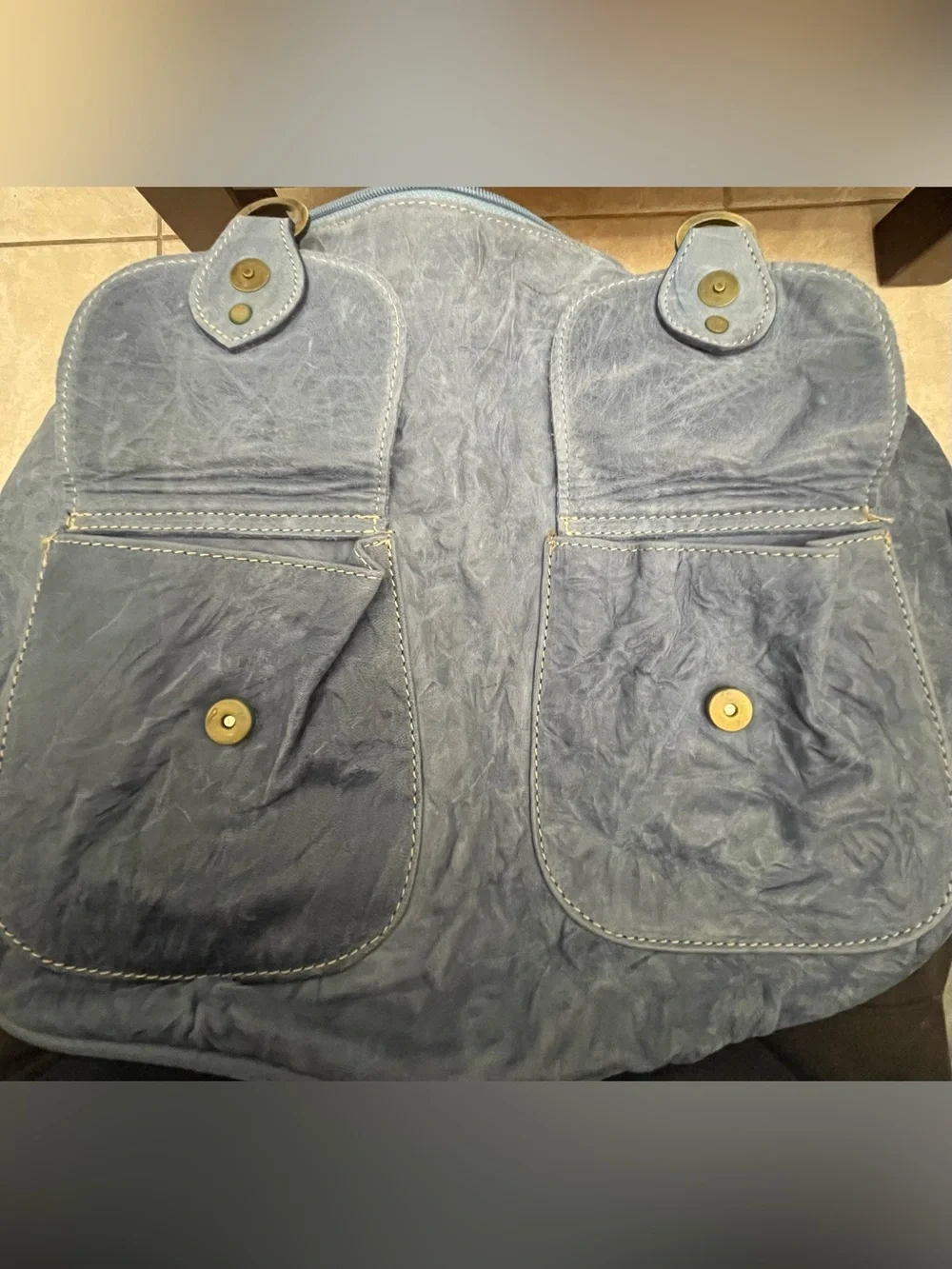 VTG Y2K LUPE Blue Distressed Argentine Cowhide Leather Hobo Bag w/Front Pockets